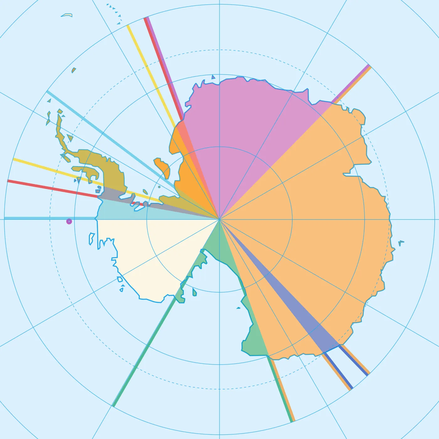 Map of Antarctica showing the seven color-coded territorial claims radiating from the South Pole, with overlapping sectors on the Antarctic Peninsula and the unclaimed Marie Byrd Land sector