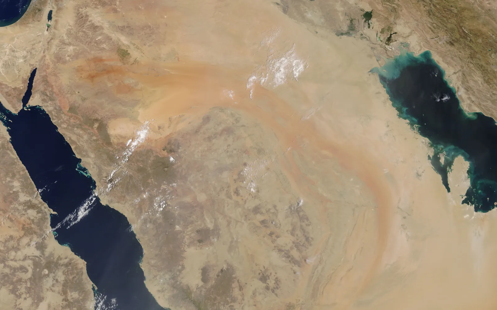 Satellite view of the Arabian Peninsula, desert covering almost the entire landmass between the Red Sea and the Persian Gulf
