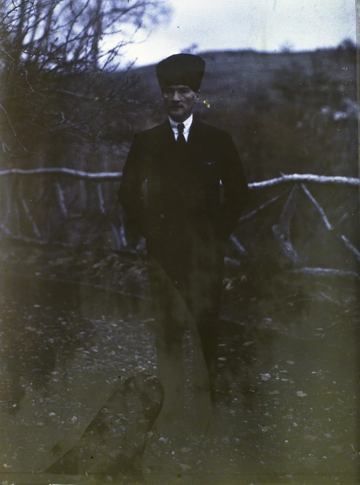 Mustafa Kemal in December 1922, wearing a fur kalpak, in one of the earliest color photographs ever taken of him