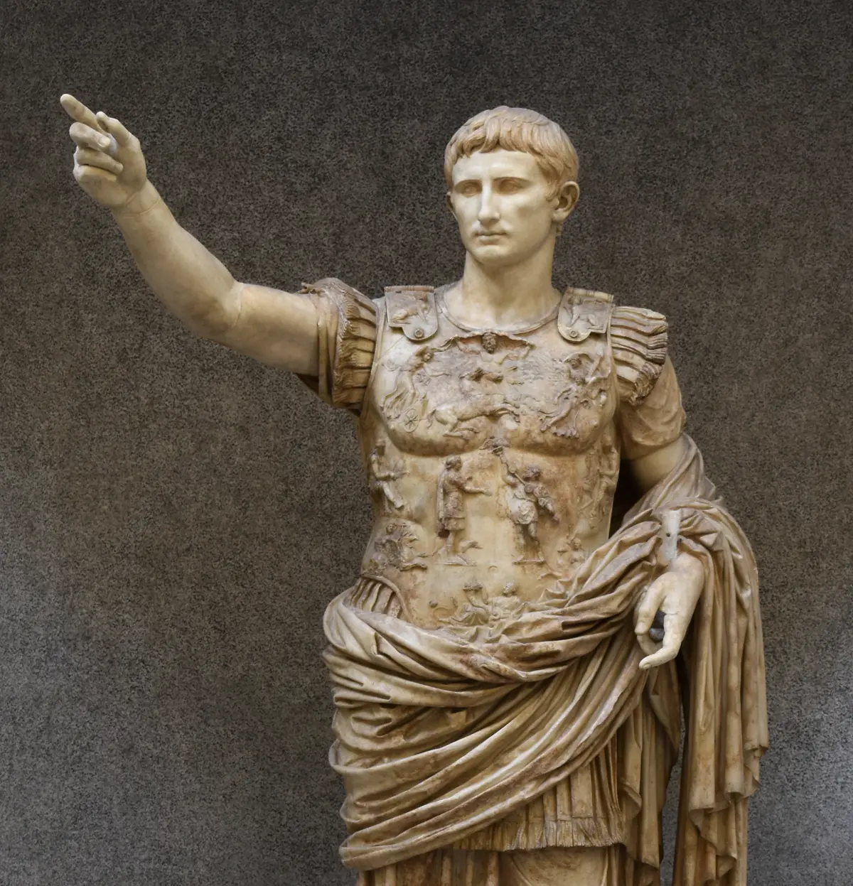 The Augustus of Prima Porta statue, a marble portrait of Augustus in military dress with his arm raised