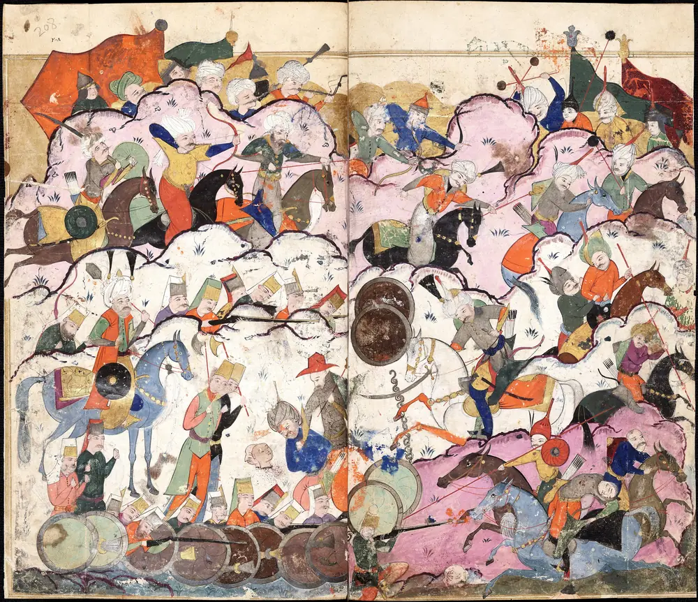 A Persian manuscript painting of the Battle of Chaldiran, showing massed cavalry