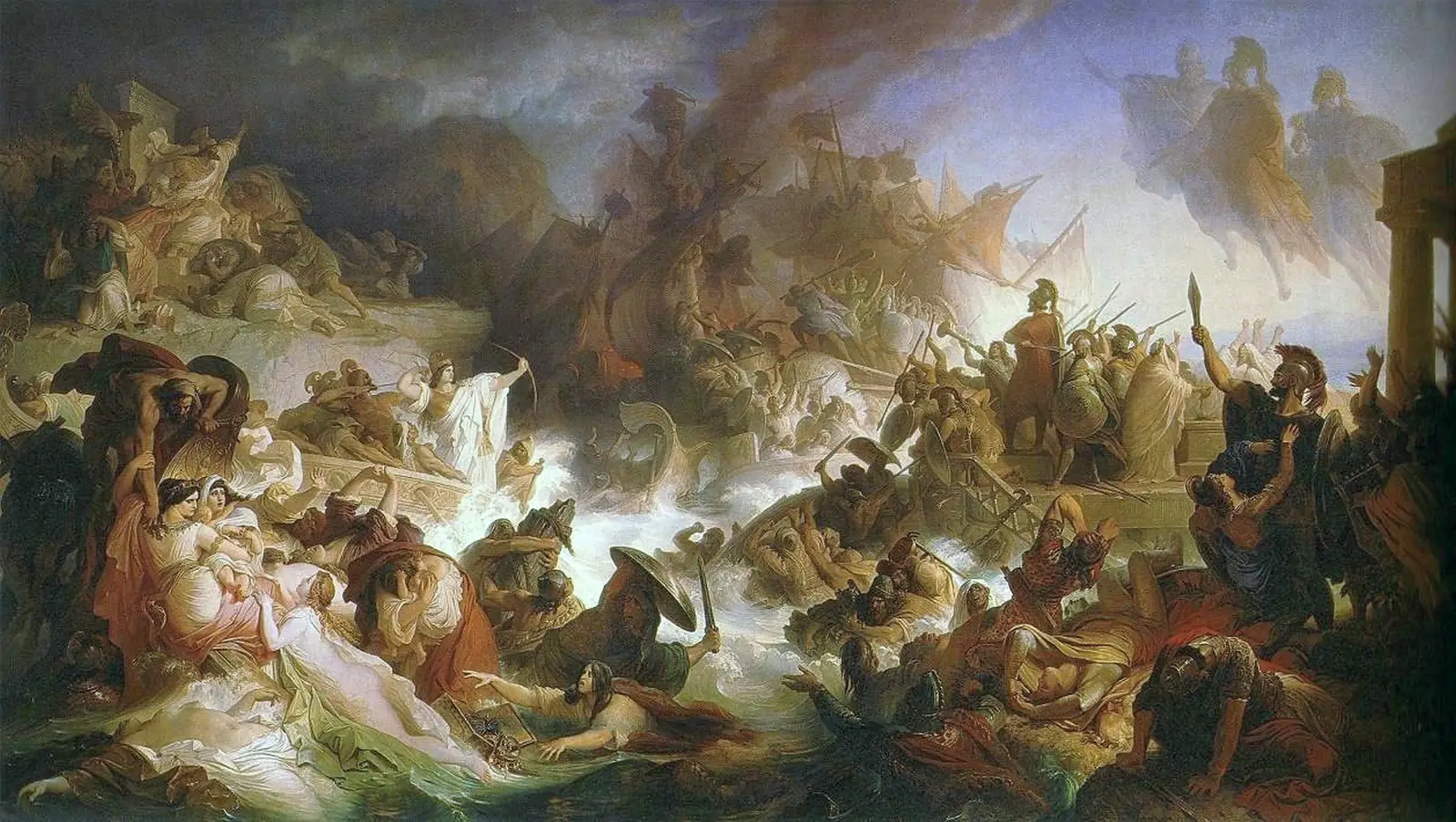 A chaotic naval battle in a narrow strait, with Greek and Persian ships and men fighting in the water