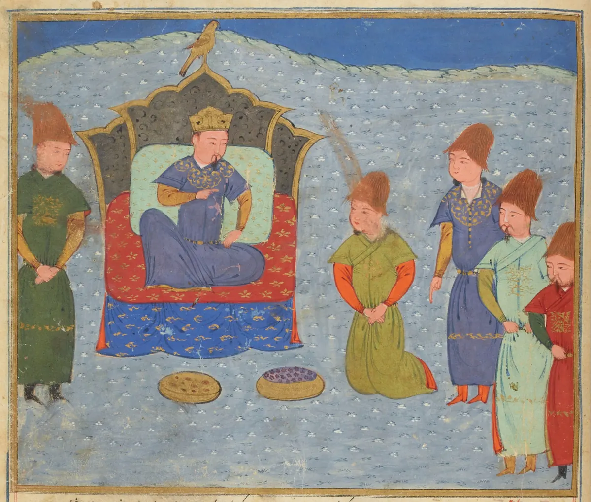 Batu Khan seated on a throne, surrounded by attendants