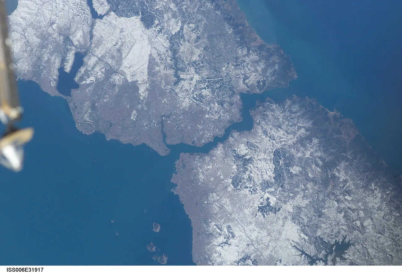 The Bosphorus strait cutting through Istanbul, seen from the International Space Station