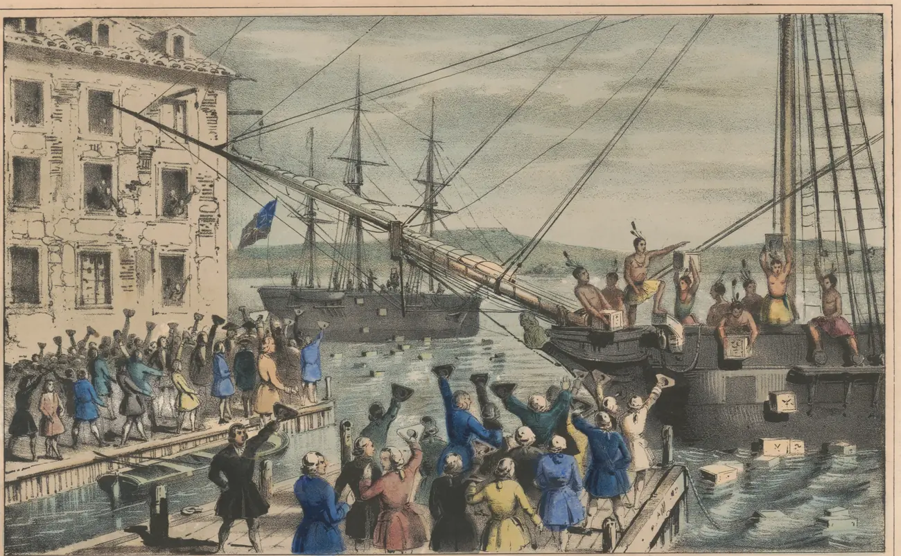 Men disguised as Mohawks throwing tea chests from a ship into Boston harbor