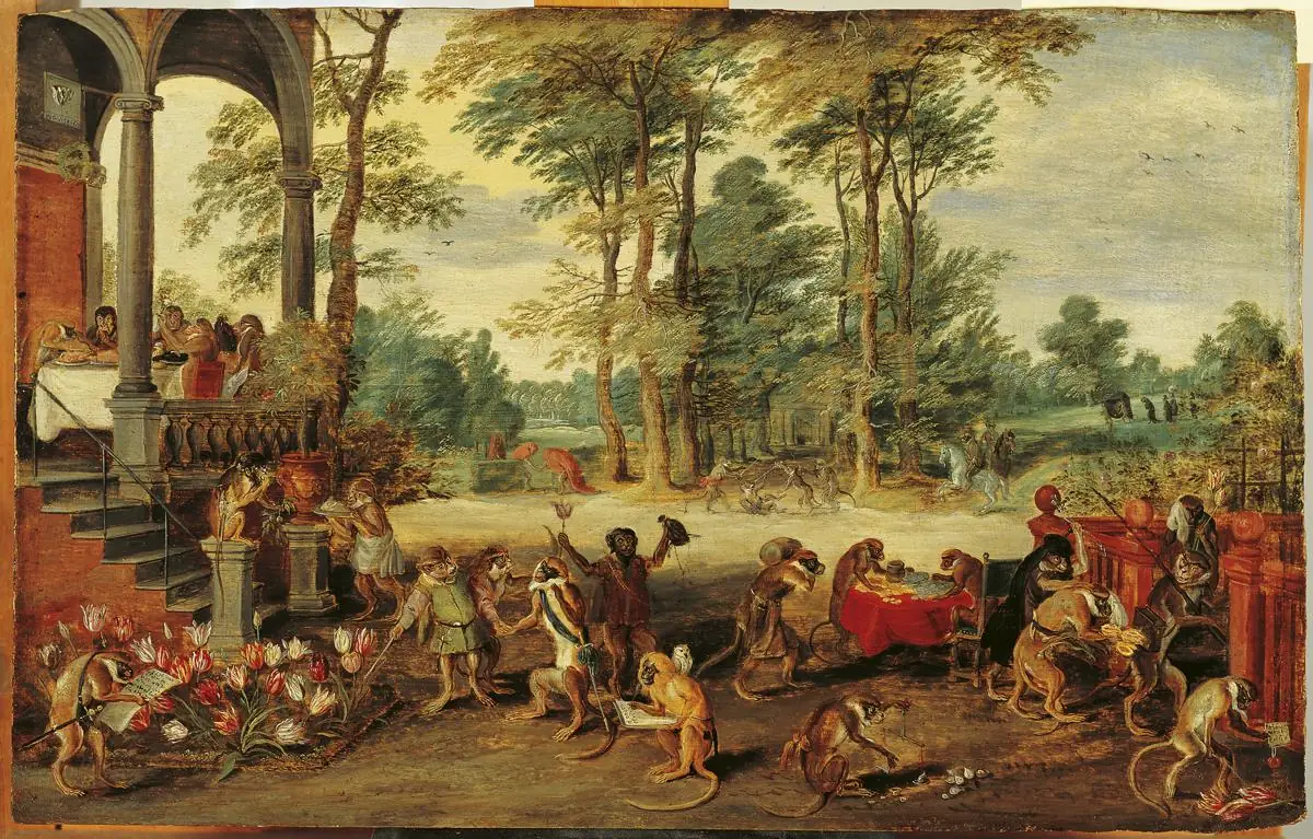 A satirical painting showing monkeys in fine clothes trading tulip bulbs in a garden pavilion, mocking the speculative frenzy of 1637