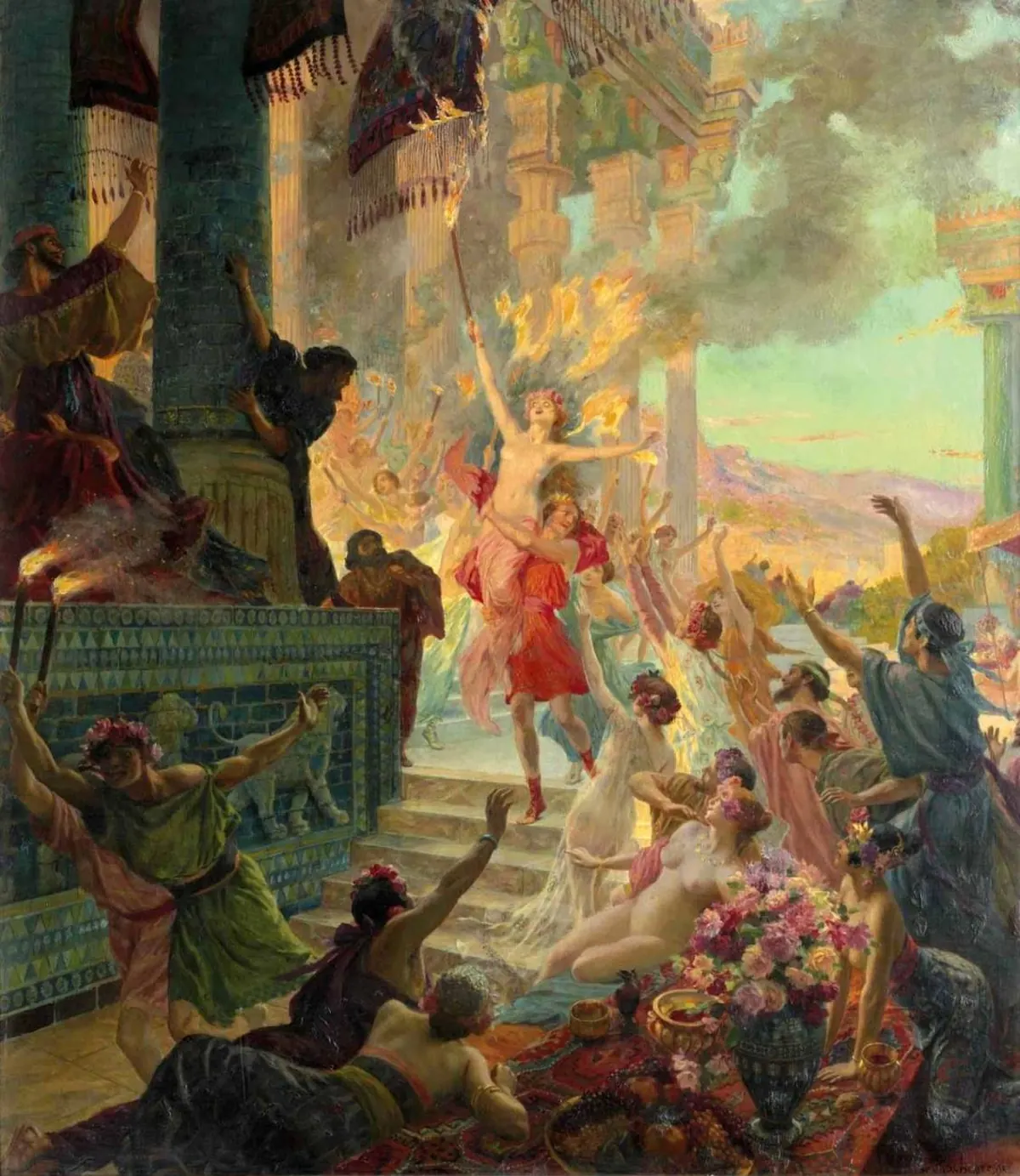 A painting of a wild, torch-lit scene inside a columned palace as flames engulf the halls of Persepolis, with revelers and soldiers in the foreground