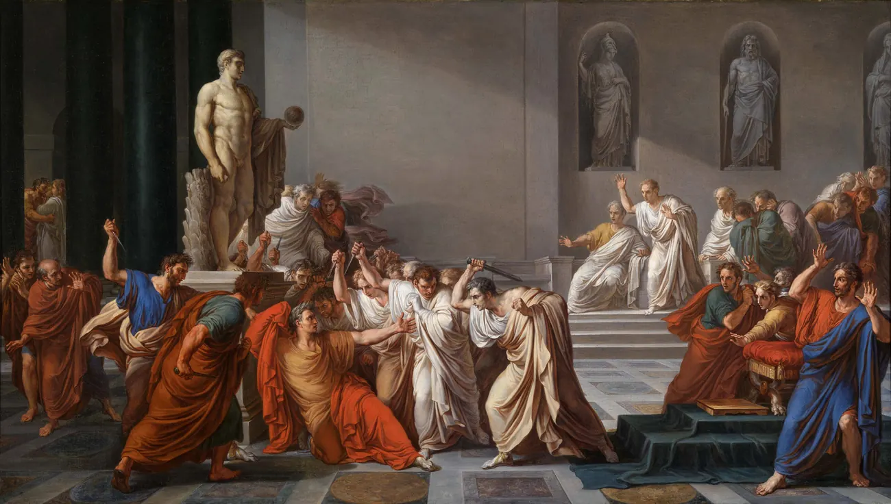 The "Death of Caesar" painting by Vincenzo Camuccini showing senators attacking Julius Caesar