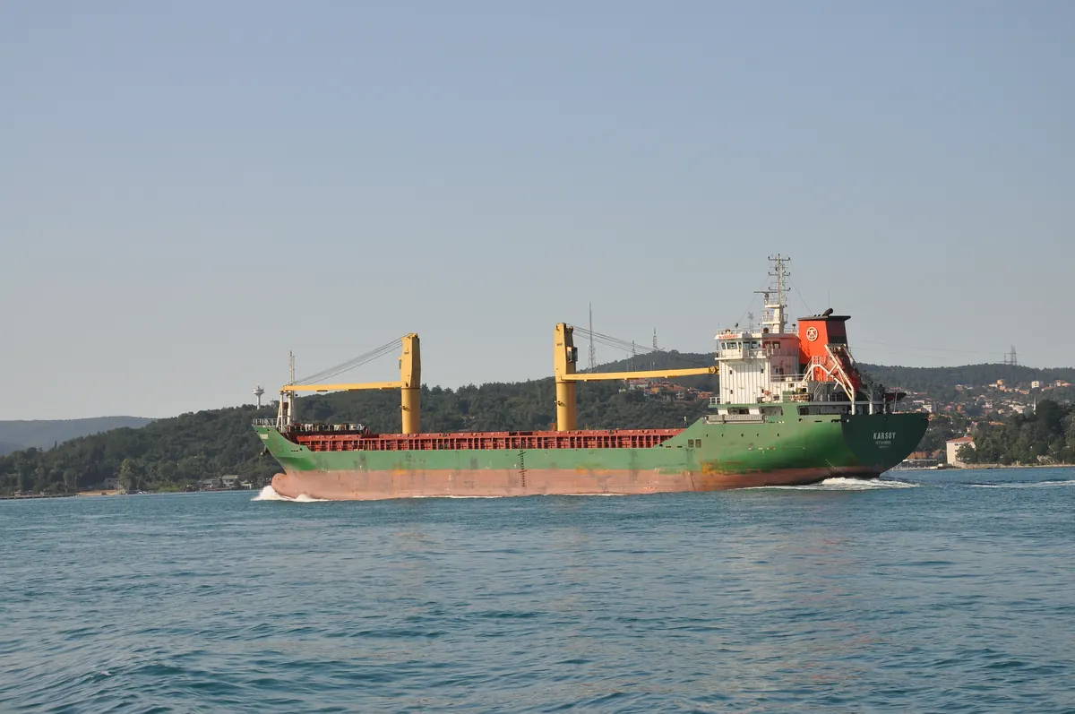 A cargo ship sailing through the Bosphorus in Istanbul