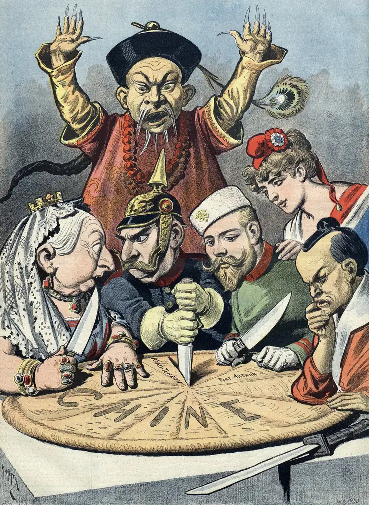 A French political cartoon from 1898 showing Queen Victoria, Kaiser Wilhelm II, Tsar Nicholas II, a figure representing France, and a Japanese samurai dividing China like a cake while a Qing official protests behind them