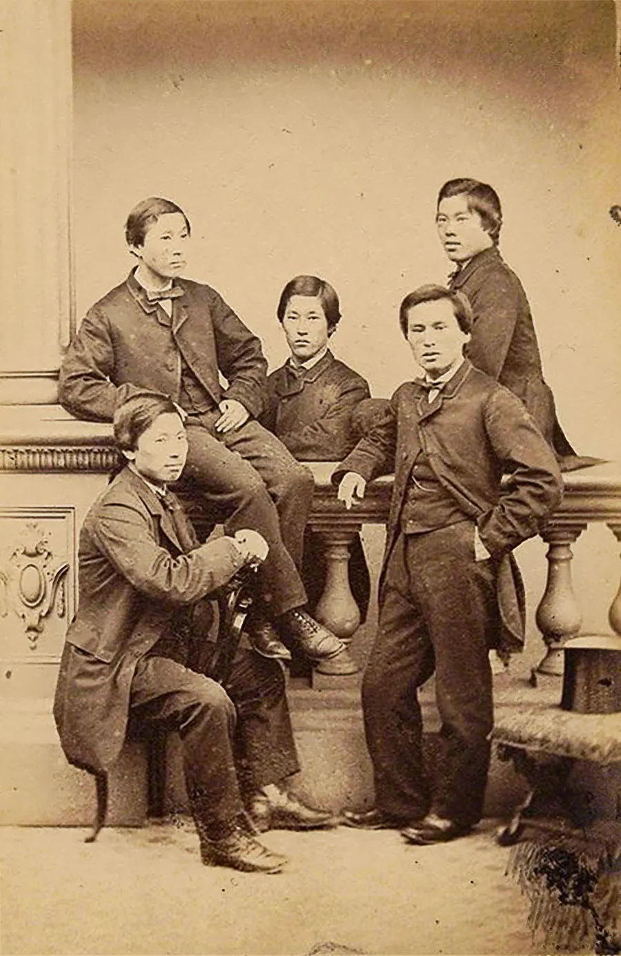 The Chōshū Five posed in Western suits in a London photography studio