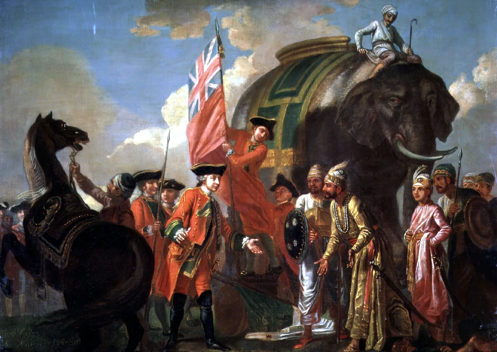 Robert Clive meeting Mir Jafar and his retinue beside a ceremonial elephant after the Battle of Plassey, with a Company soldier holding a British flag between them