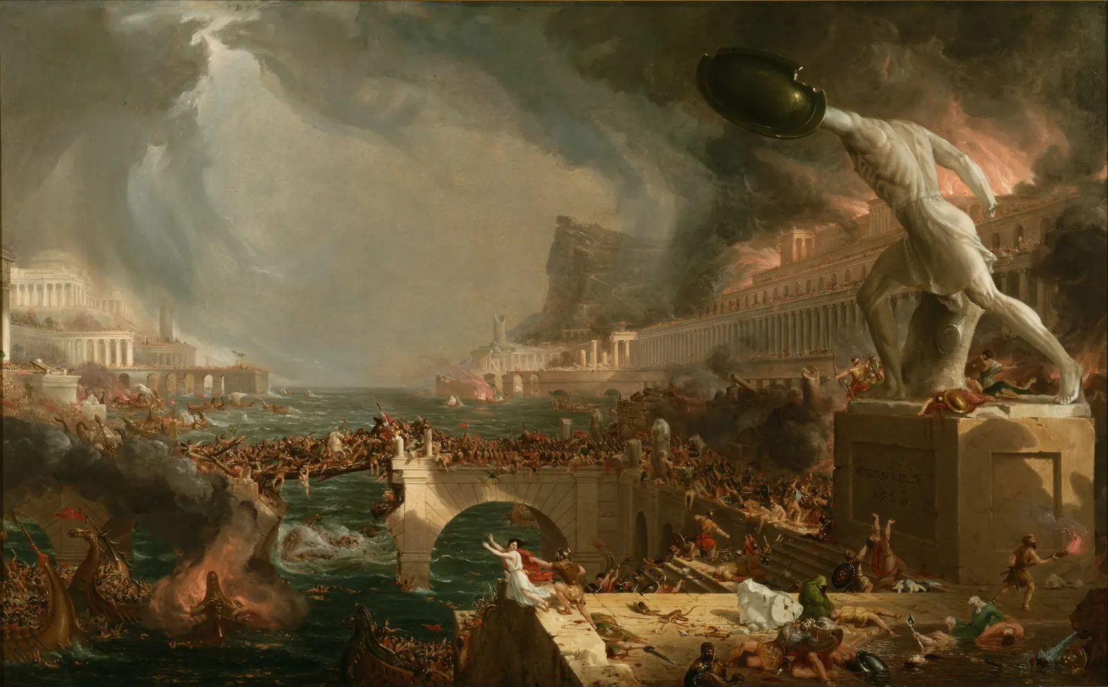 Thomas Cole's painting Destruction from The Course of Empire, showing a classical city in flames with crowds fighting on a collapsing bridge and a headless statue looming over the chaos