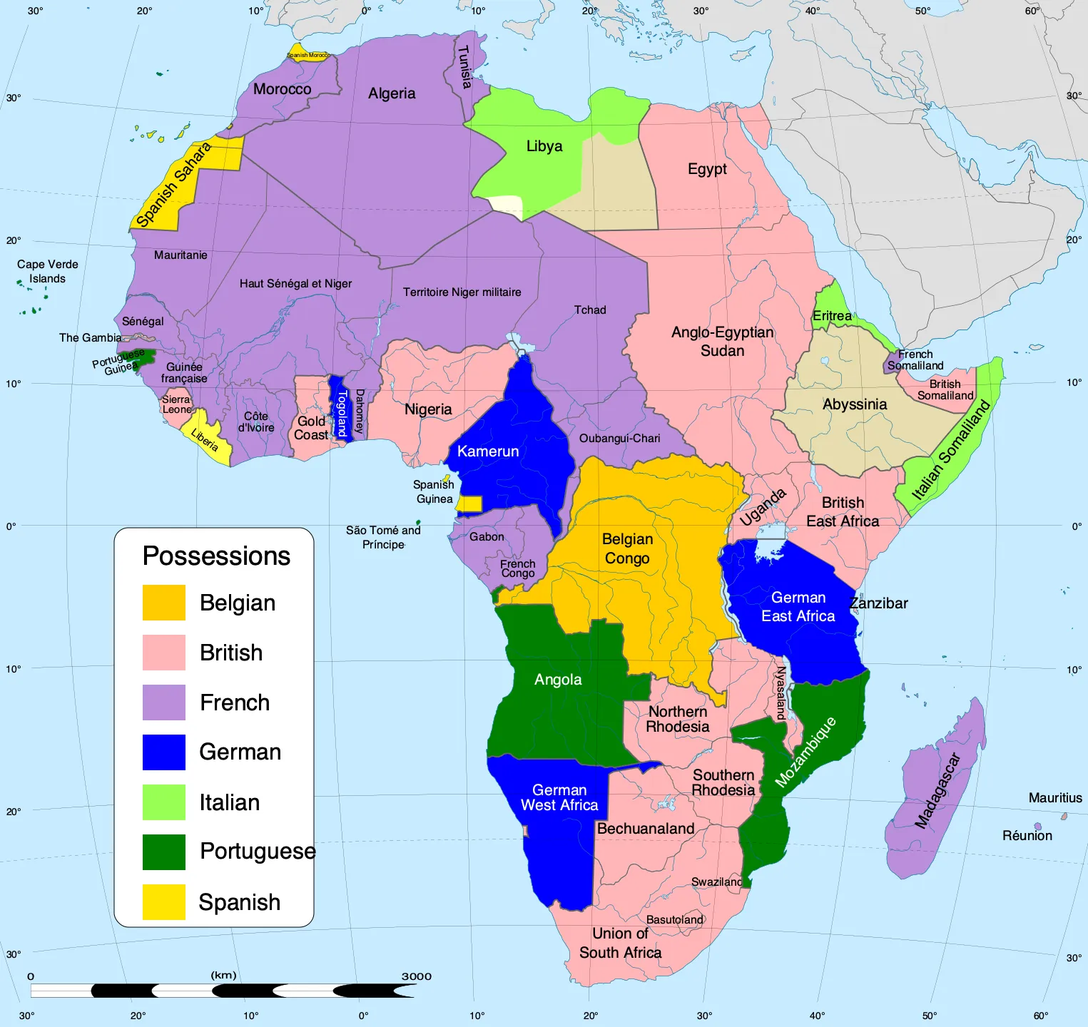 Africa in 1914, divided among seven European colonial powers