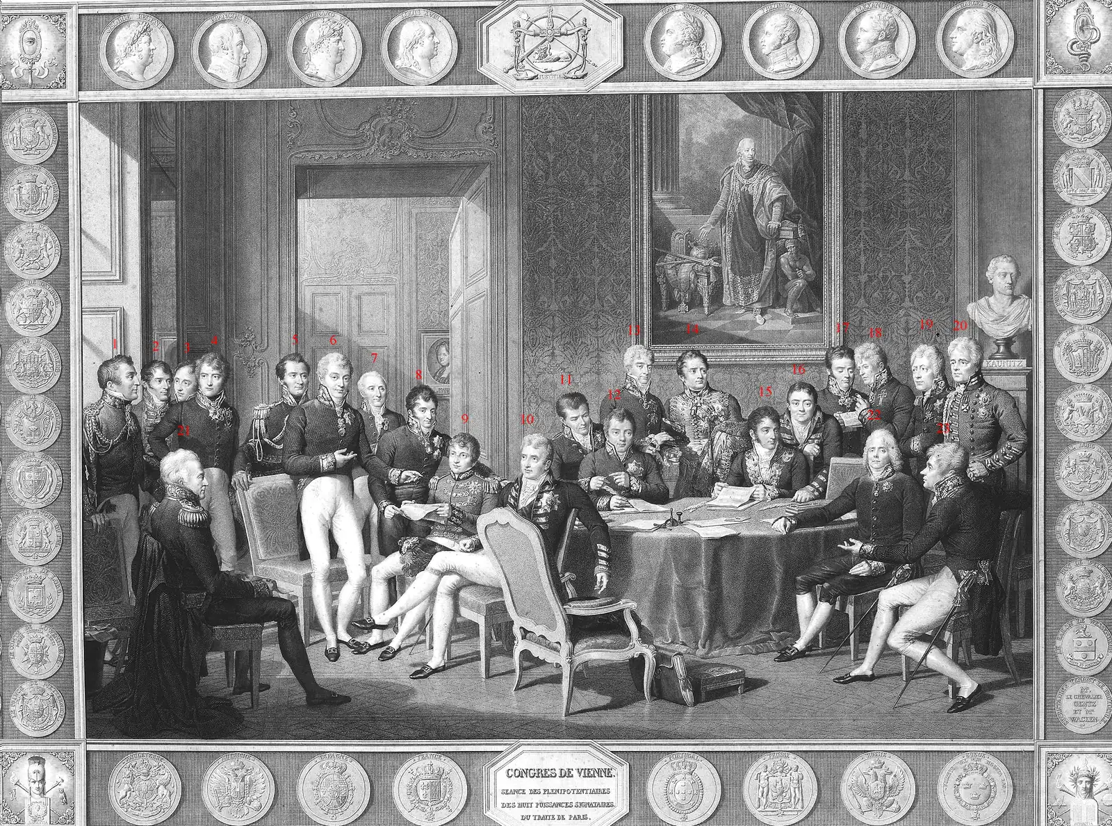 An engraving of the delegates at the Congress of Vienna in 1815, gathered around a table in a large room