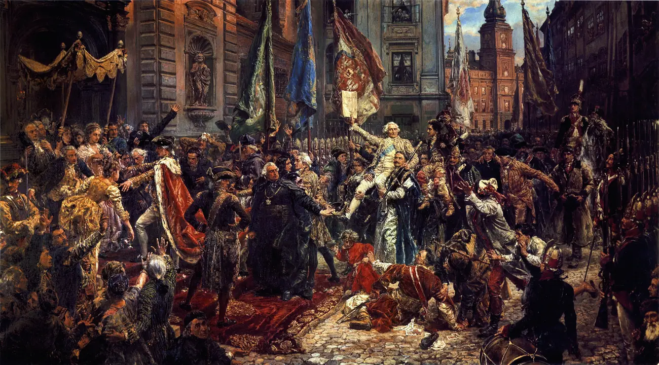 A large crowd of deputies and citizens surging through a street outside the Royal Castle in Warsaw