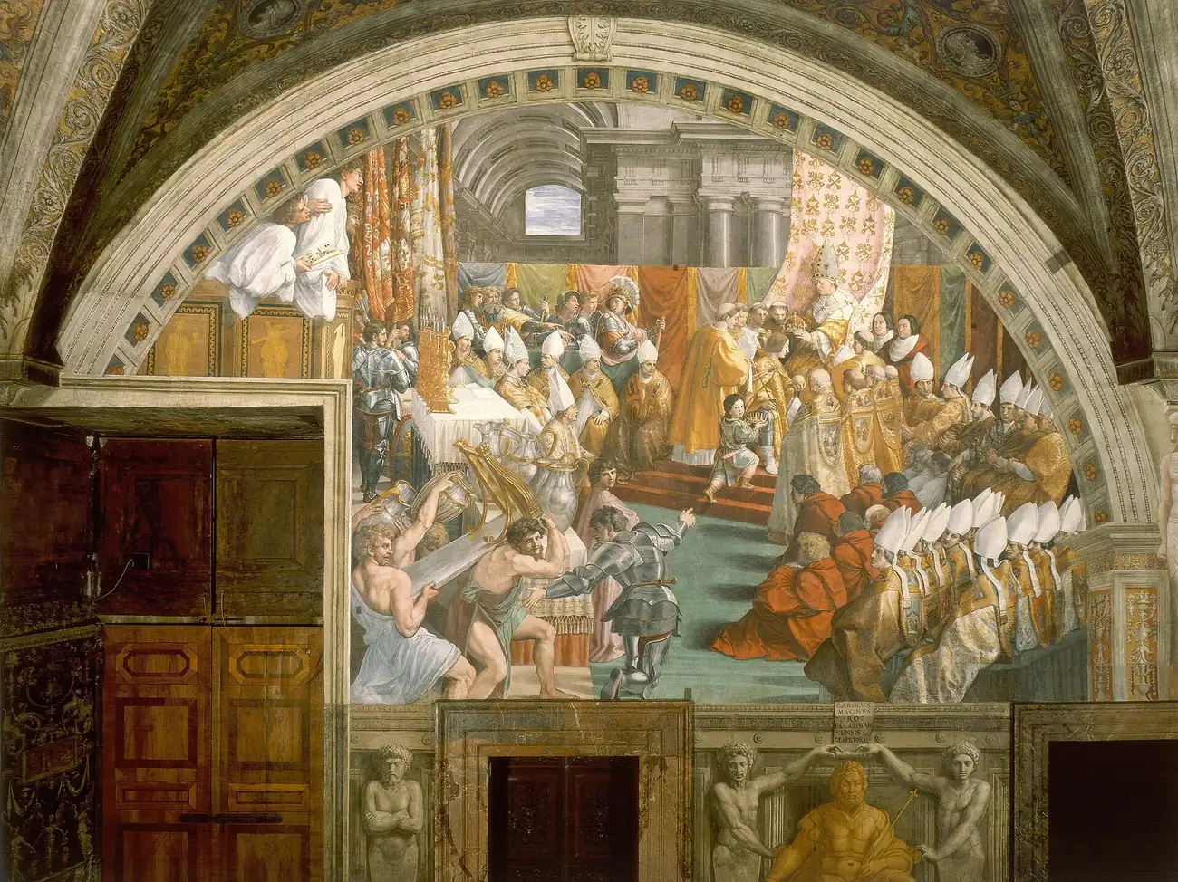 Raphael's fresco of Pope Leo III crowning Charlemagne Emperor of the Romans in a grand church ceremony, surrounded by courtiers and clergy