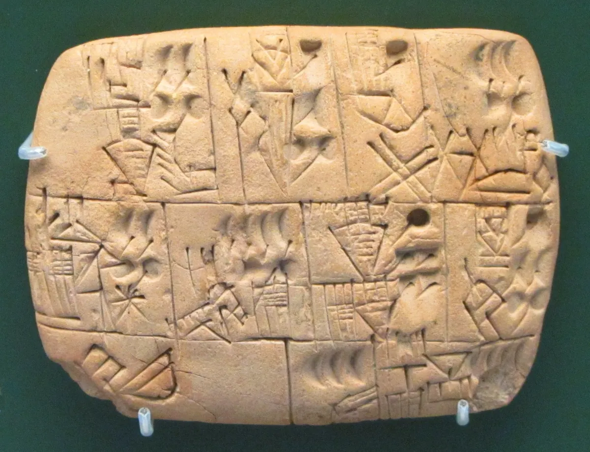 A clay tablet covered in proto-cuneiform symbols, roughly the size of a hand