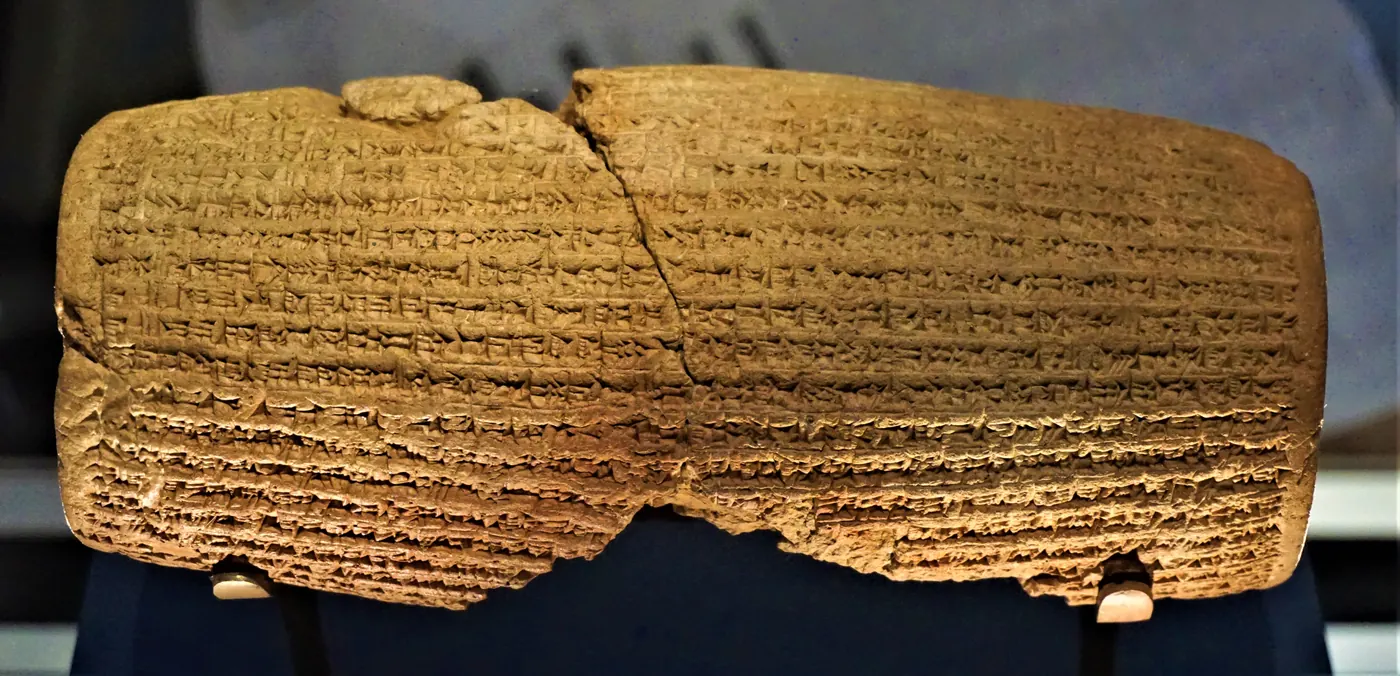 The Cyrus Cylinder at the British Museum, a barrel-shaped clay object covered in Akkadian cuneiform