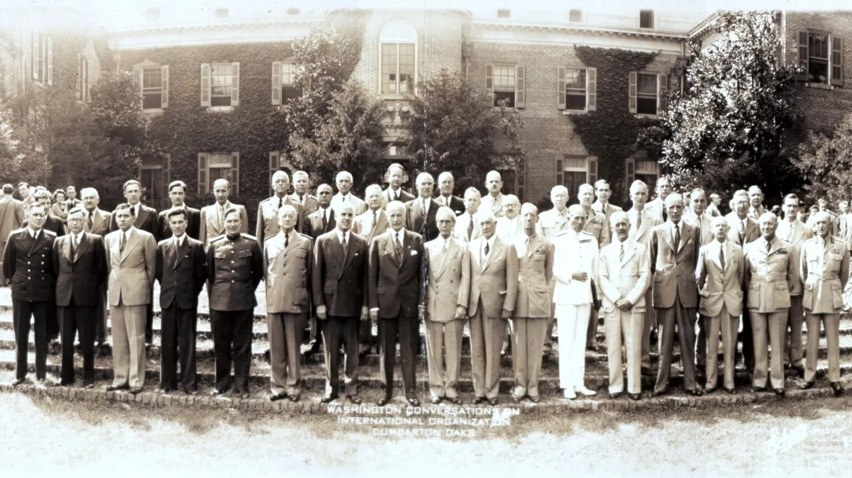 About forty delegates gathered outdoors at the Dumbarton Oaks estate in Washington, D.C., August 1944