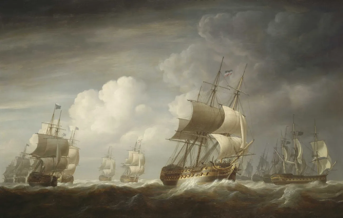 A fleet of tall ships under full sail crossing a stormy sea