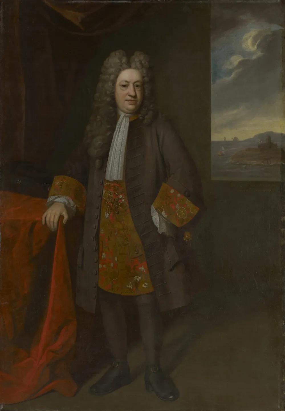 Portrait of Elihu Yale in a wig and embroidered coat, standing beside a red drape with a coastal fort visible in the background