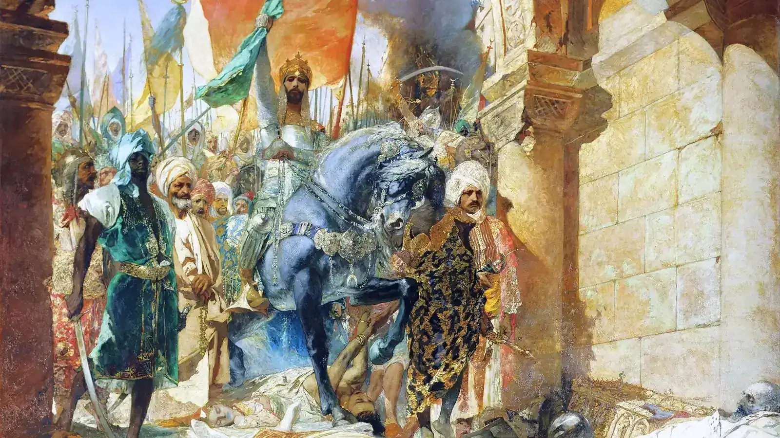 Mehmed II on horseback entering Constantinople through a stone archway, surrounded by Ottoman soldiers and banners, with bodies on the ground