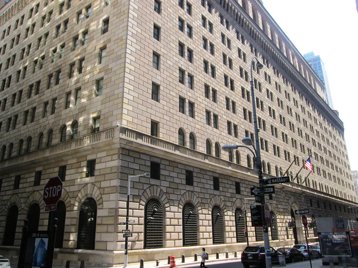 The stone facade of the Federal Reserve Bank of New York on Liberty Street in Manhattan