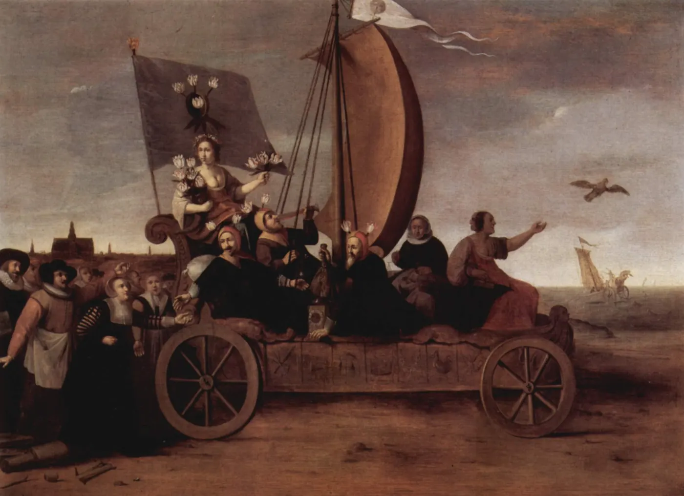 A painting of Flora, the Roman goddess of flowers, riding a sail-powered wagon with three men in fools' caps while weavers chase behind