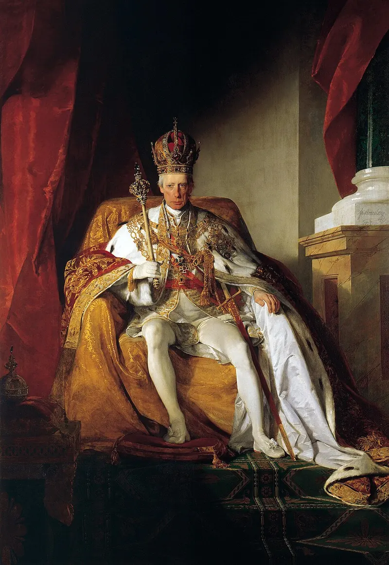 Portrait of Emperor Francis II in white military uniform with gold braiding and medals, painted by Friedrich von Amerling