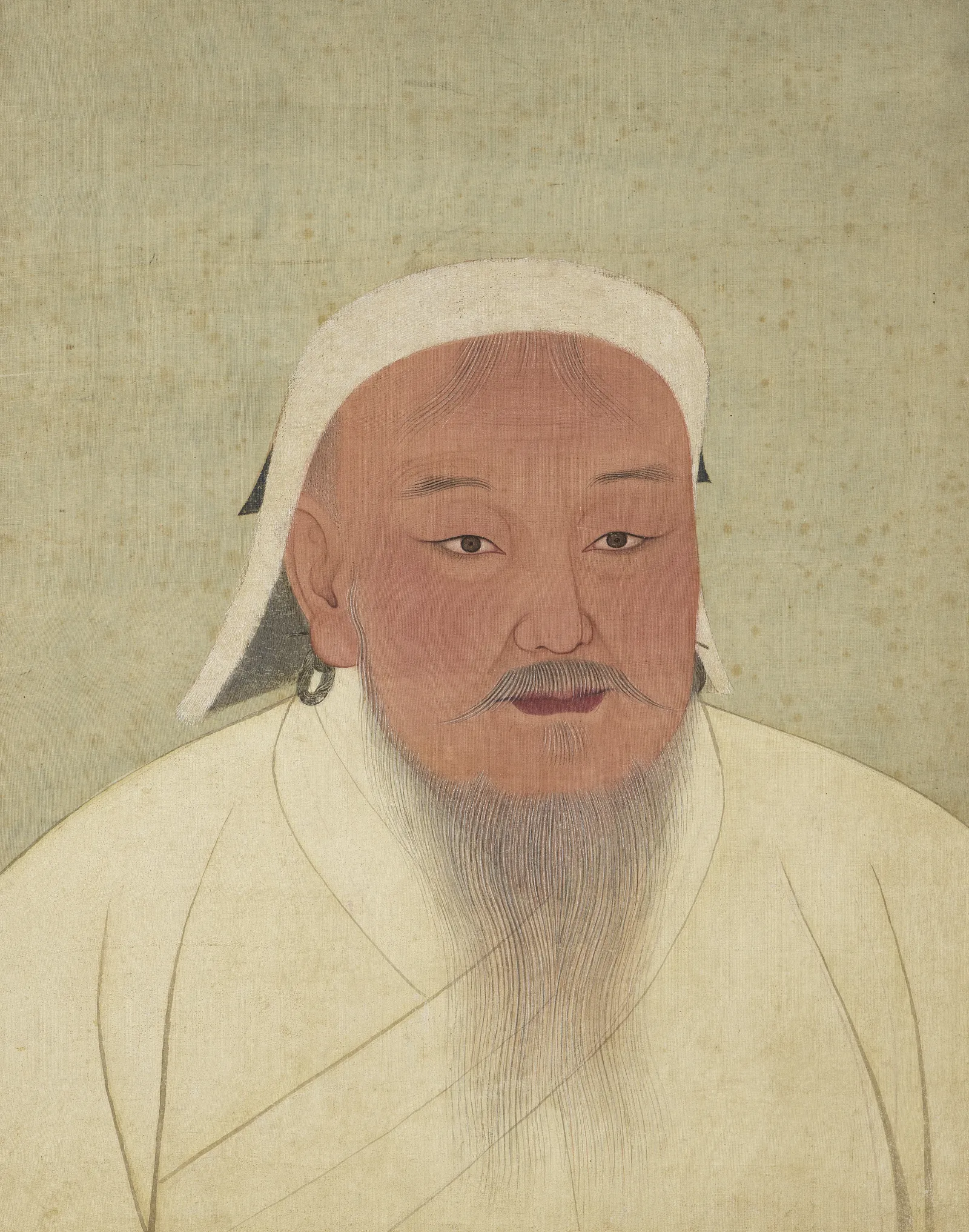 A painted portrait of Genghis Khan wearing a white robe and fur-trimmed hat, with a long beard