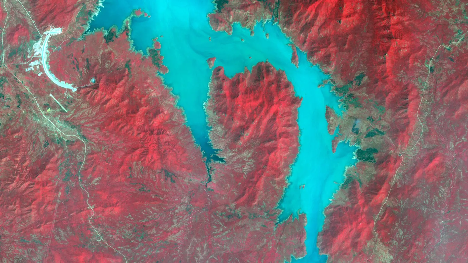 Satellite view of the Grand Ethiopian Renaissance Dam and its reservoir on the Blue Nile in the Ethiopian highlands