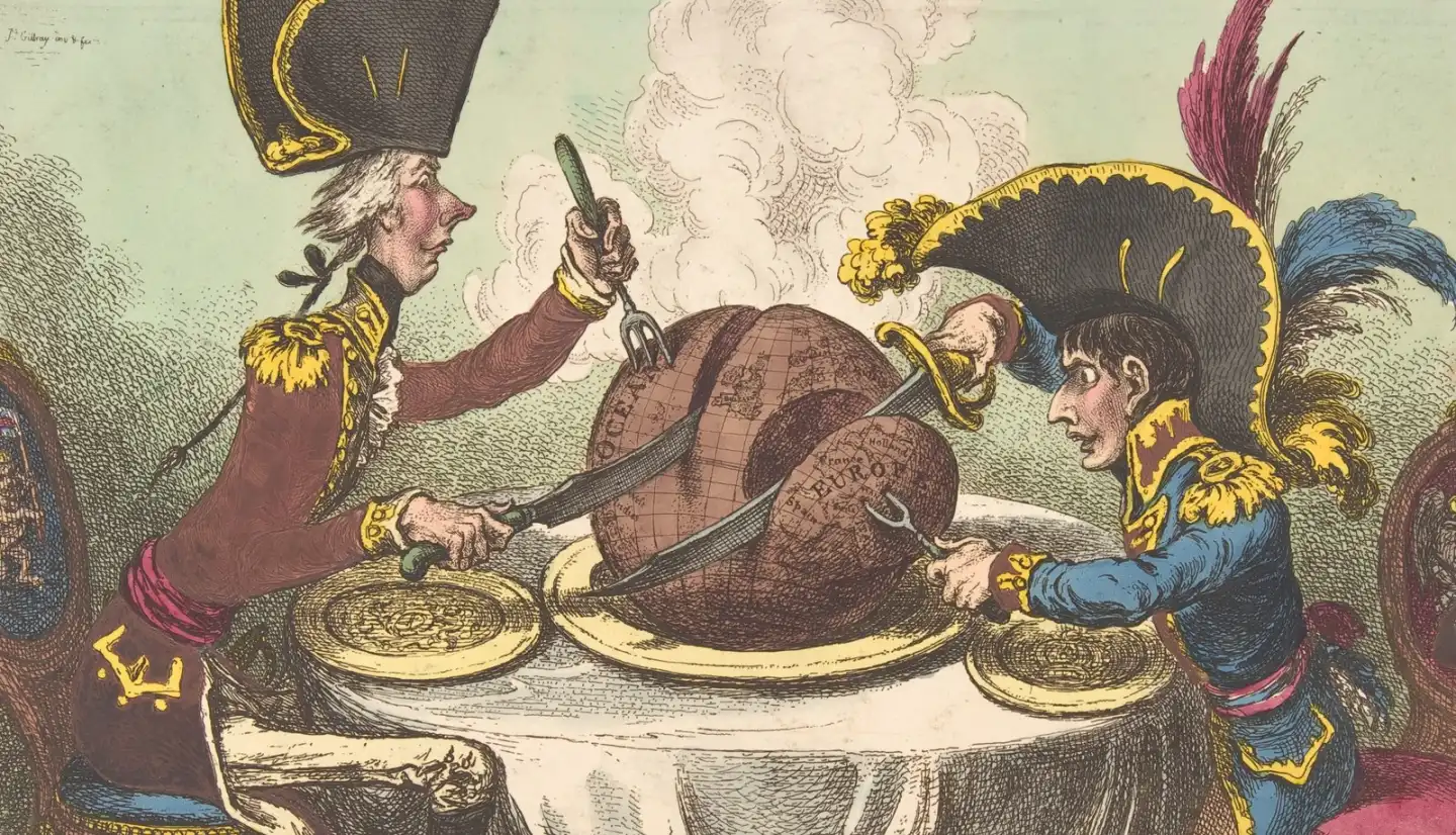 Vignetta di James Gillray del 1805: il primo ministro britannico William Pitt e Napoleone tagliano con coltello e sciabola un budino a forma di mappamondo