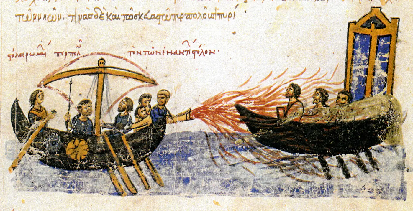 Byzantine ships spraying Greek fire at an enemy fleet