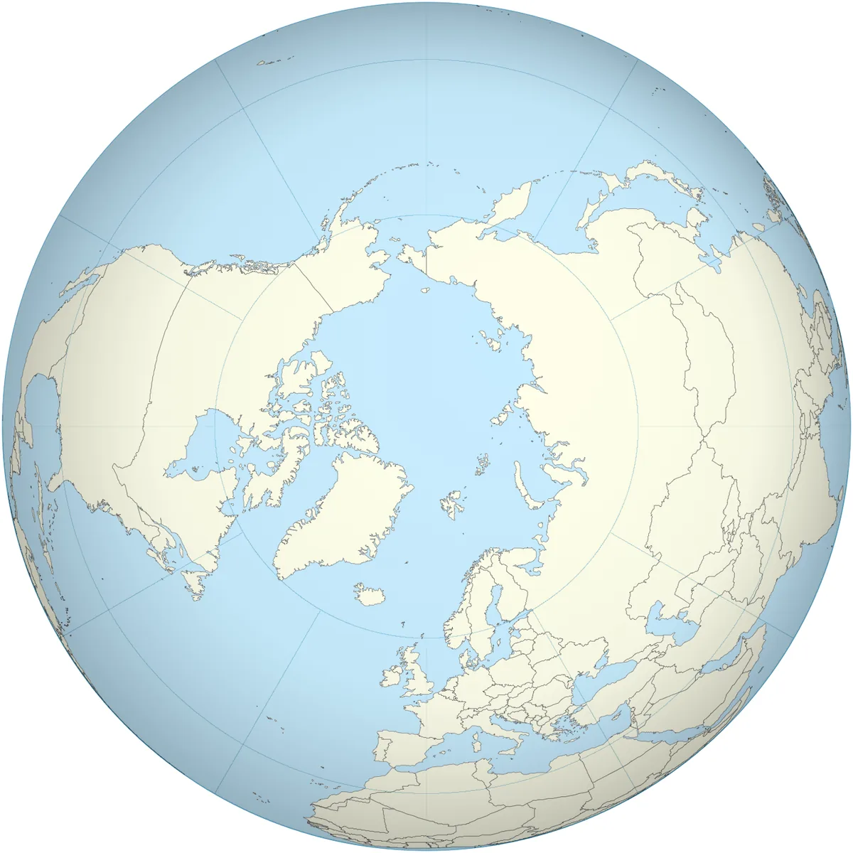 Northern Hemisphere seen from above the North Pole, with Greenland at the center between North America and Russia