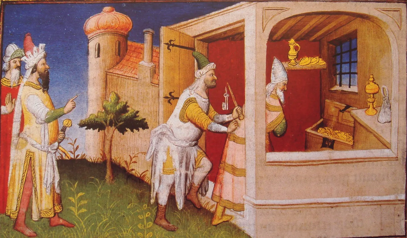 Hulagu Khan locking the caliph al-Musta'sim among his treasures in Baghdad