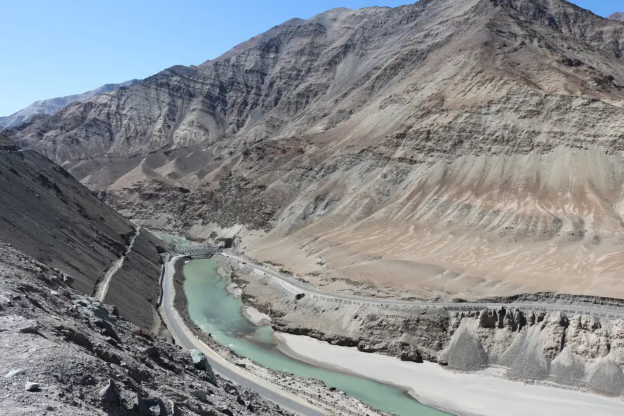 The Indus River winding through the bare mountains of Ladakh