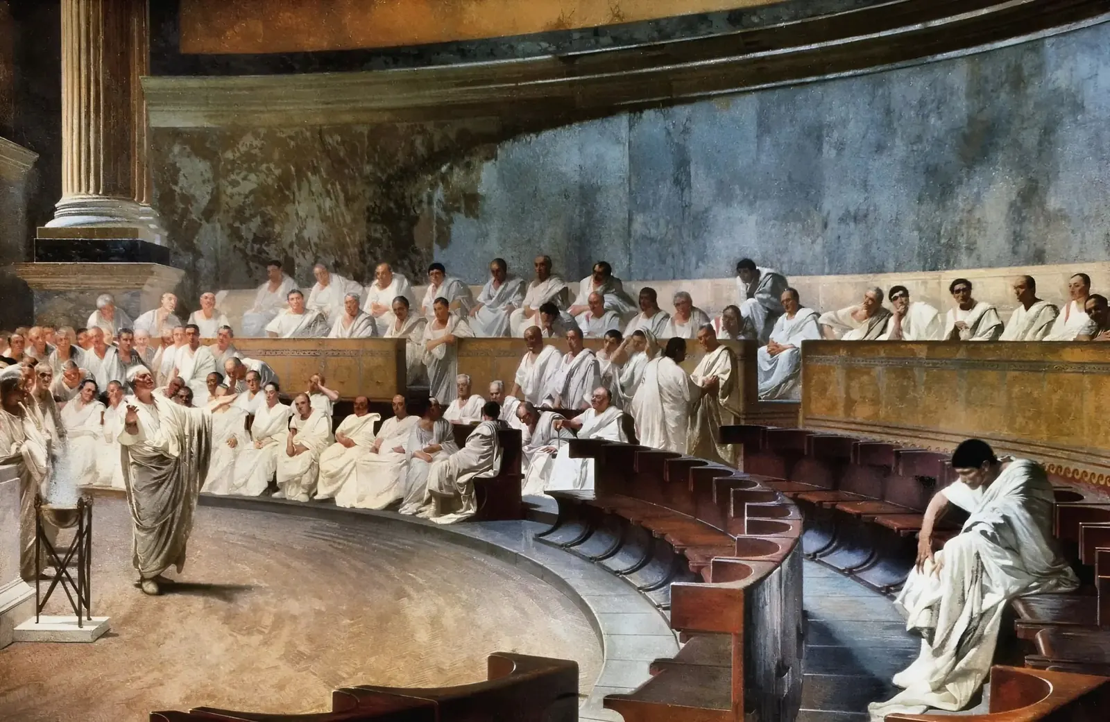 Cesare Maccari's fresco of Cicero denouncing Catiline in the Roman Senate, with senators recoiling from the accused conspirator