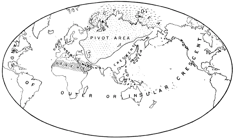 La carta di Mackinder del 1904 che divide il mondo in un'«area perno» al centro dell'Eurasia, una mezzaluna interna che la circonda e una mezzaluna esterna di isole e continenti