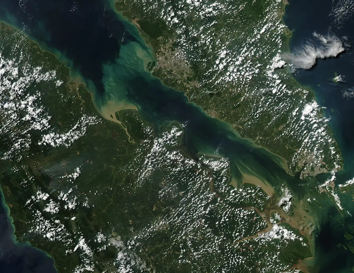 Satellite view of the Strait of Malacca between the Malay Peninsula and Sumatra