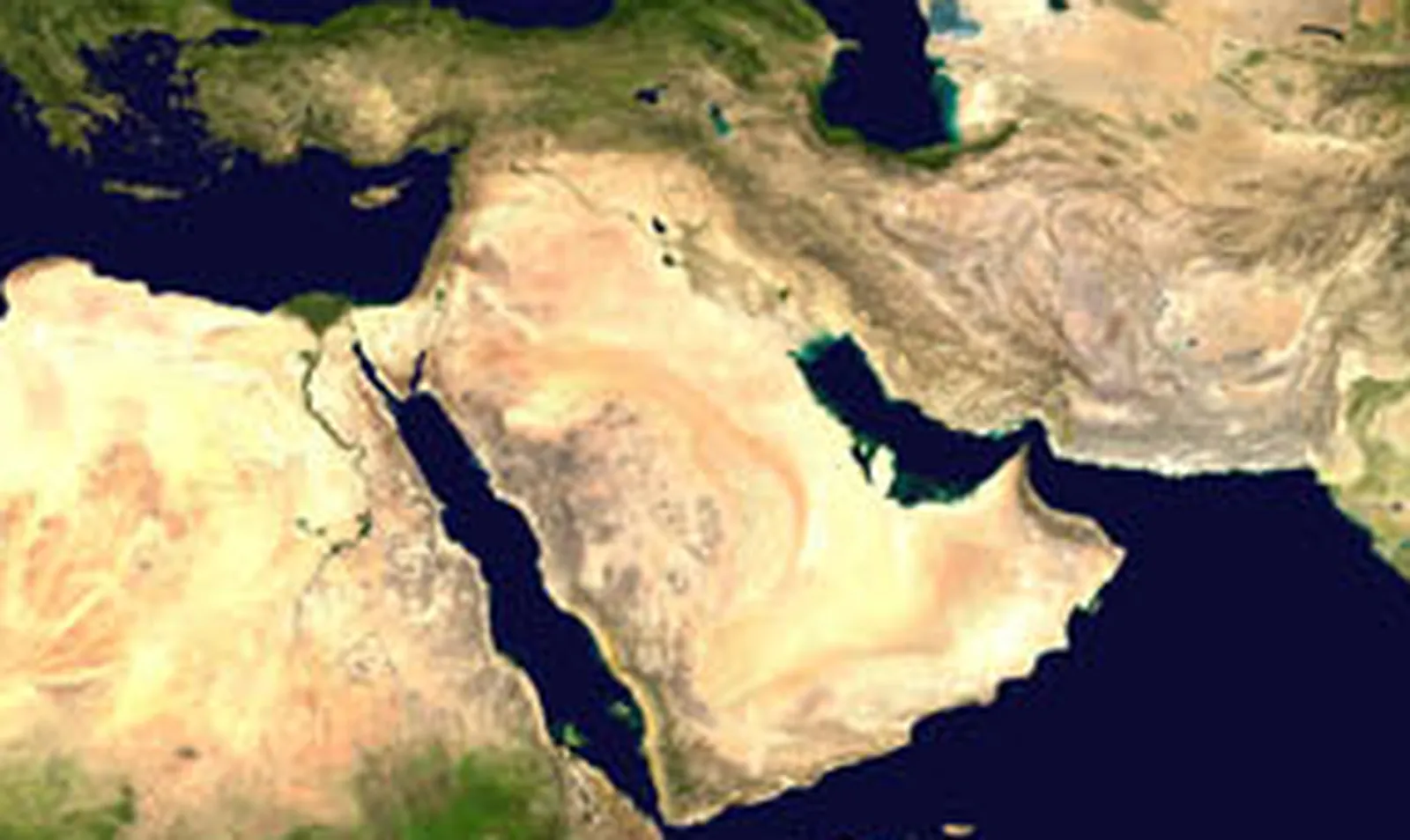 Satellite view of the Middle East from the Mediterranean to Iran, showing the Arabian Peninsula, the Persian Gulf, the Red Sea, and the Fertile Crescent