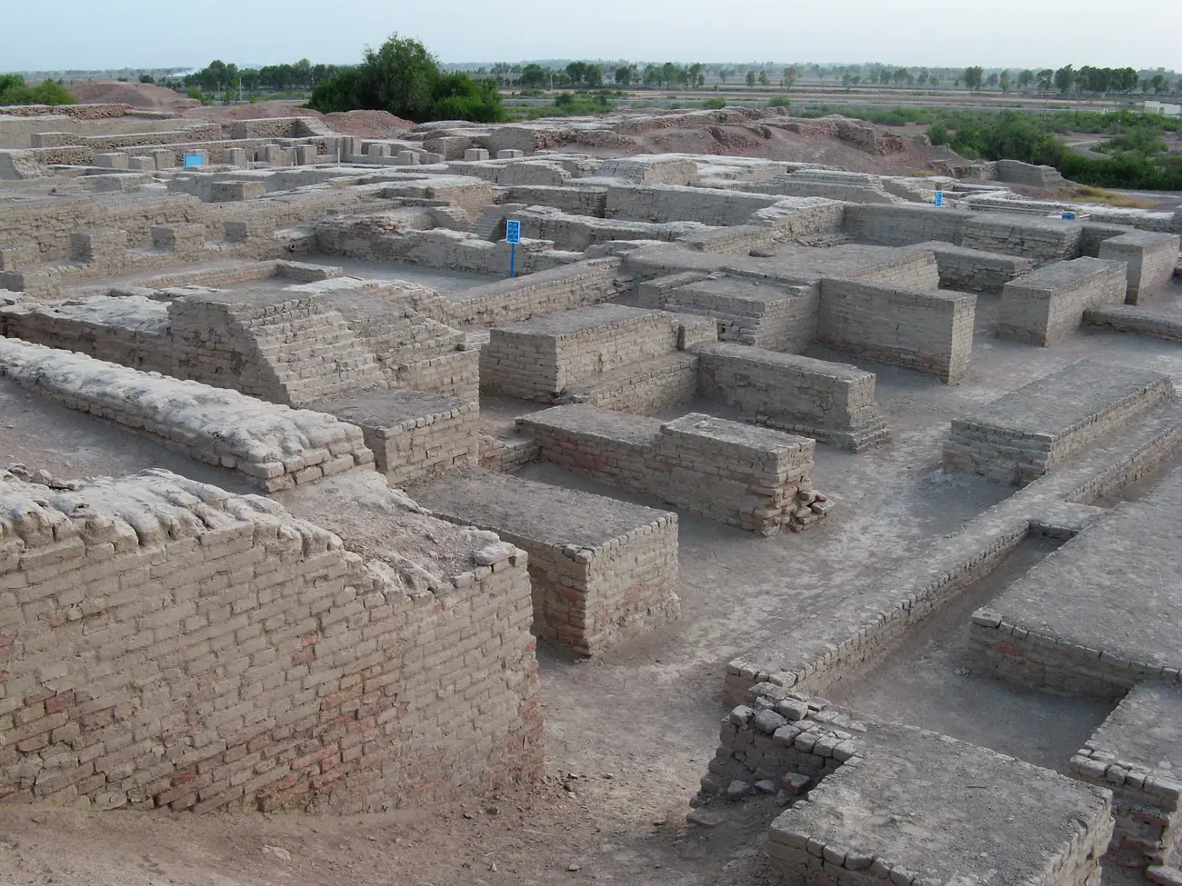 Excavated brick ruins of Mohenjo-daro showing walls and foundations stretching across the site