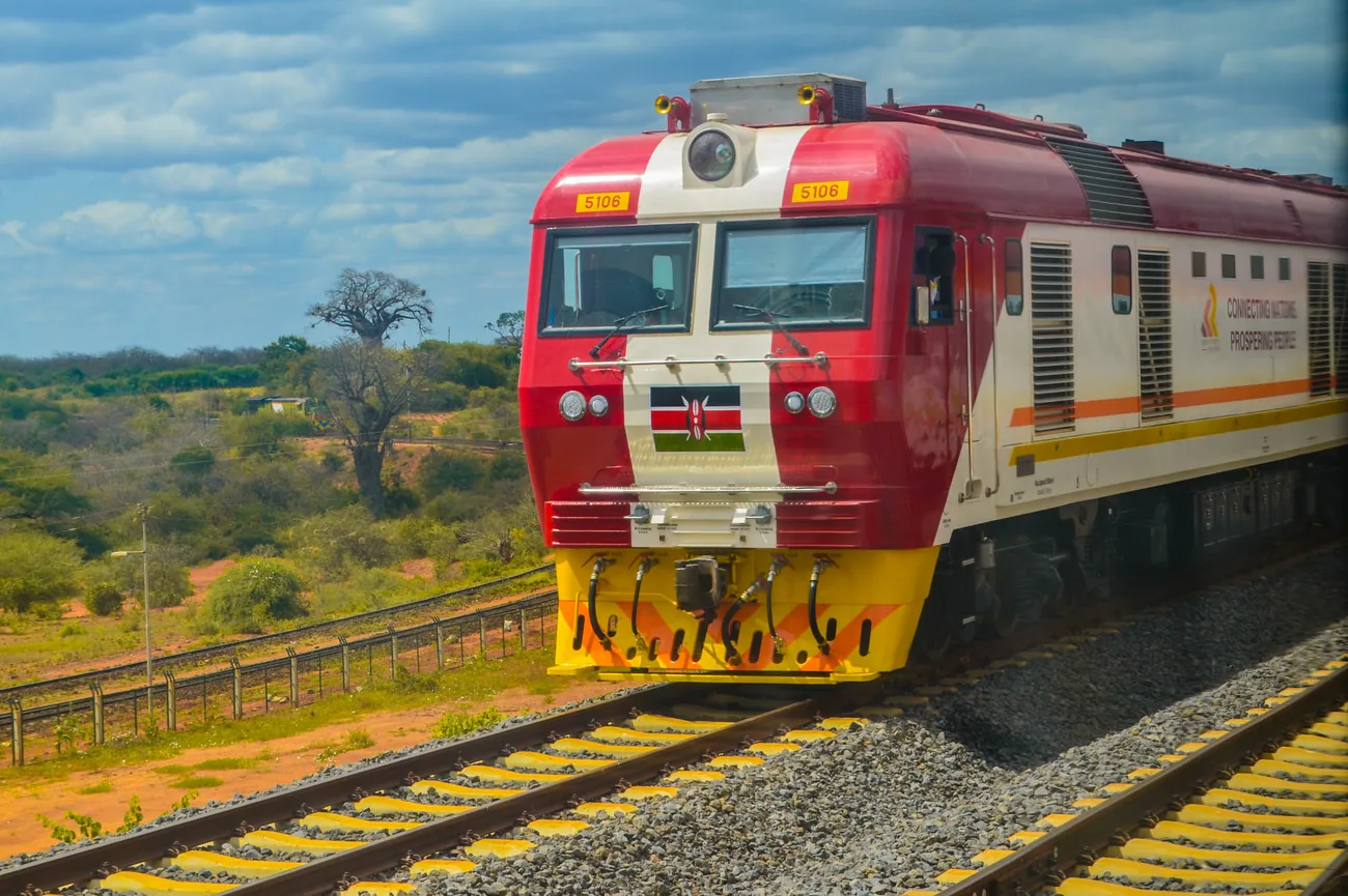 A Kenya Railways diesel locomotive on the new Standard Gauge Railway between Mombasa and Nairobi