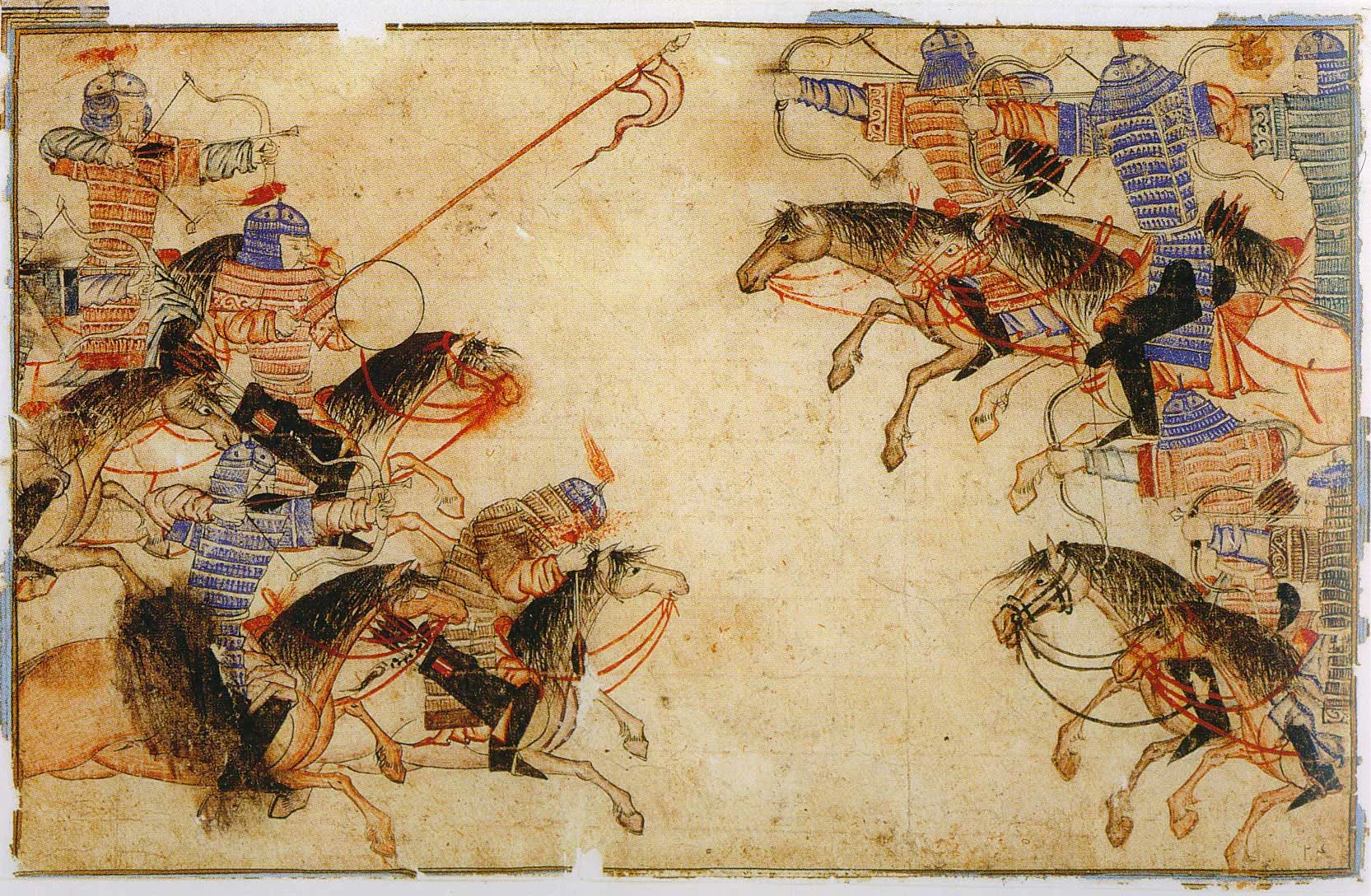 A 14th-century painting of mounted Mongol archers on horseback, drawing composite bows in battle, from a Persian manuscript