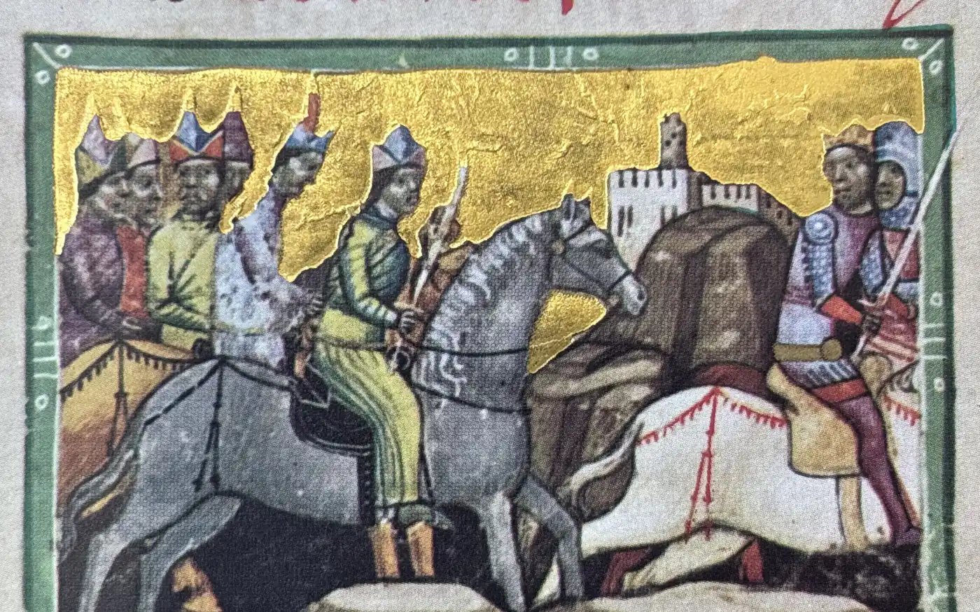 A 14th-century illuminated manuscript painting showing mounted Mongol and Hungarian warriors on horseback during the 1241 invasion of Hungary