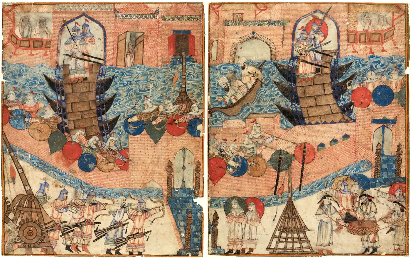 A 14th-century double-page manuscript painting showing the Mongol siege of Baghdad in 1258, with trebuchets, pontoon bridges, soldiers fighting on the city walls, and boats on the Tigris River
