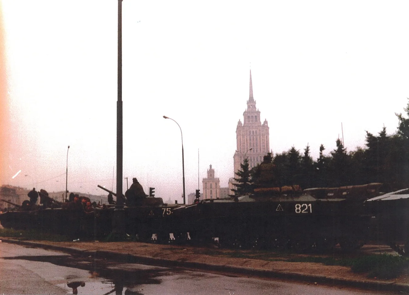 Soviet tanks on a Moscow street at dusk during the August 1991 coup attempt