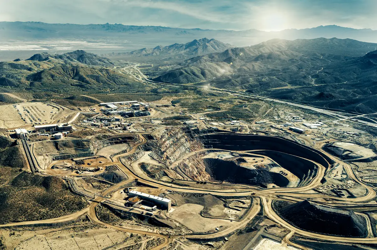 Aerial view of the Mountain Pass rare earth mine and processing facility in the California desert