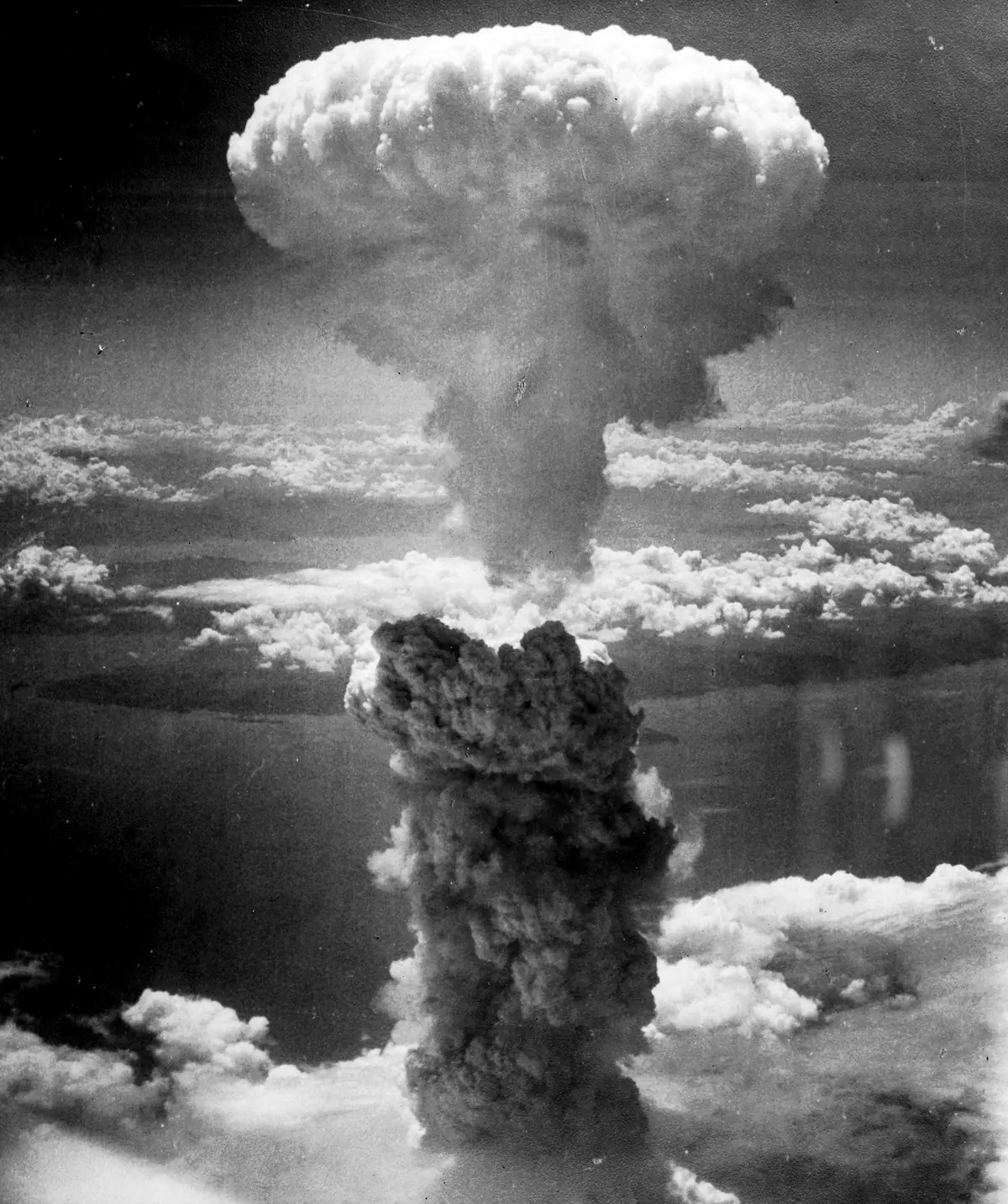The mushroom cloud rising over Nagasaki on August 9, 1945, photographed from a B-29 aircraft