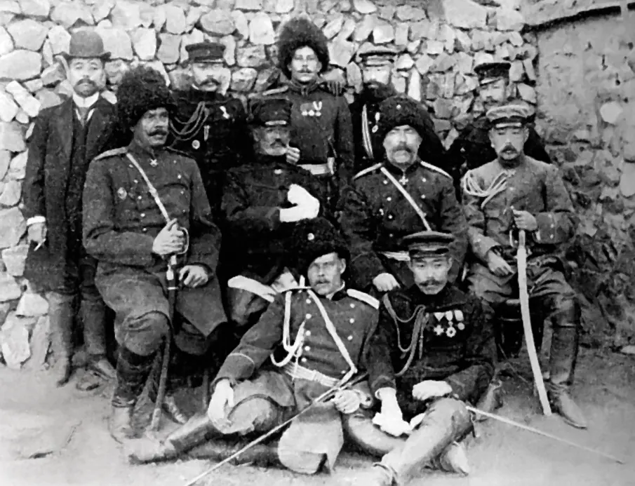 General Nogi and General Stoessel with their staffs after the surrender of Port Arthur